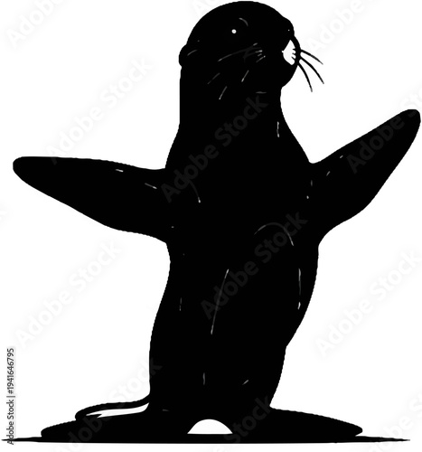 Black seal with flippers spread wide, looking up and to the side