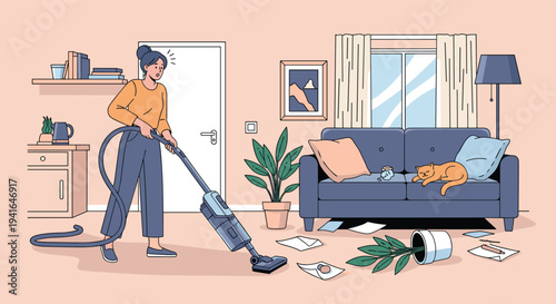 Stressed woman using a vacuum cleaner in a messy living room with scattered papers, a tipped-over plant, and a cat sleeping on the sofa.