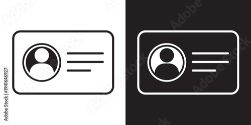 Modern outline ID card icon with profile picture and text lines. Symbolizes personal identification, employee badge, membership card, driver's license, and digital identity verification.