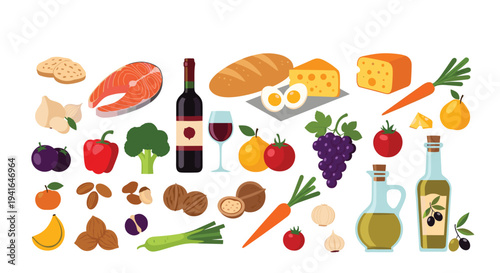Comprehensive collection of healthy food items like salmon, vegetables, fruit, nuts, and olive oil representing a balanced diet.