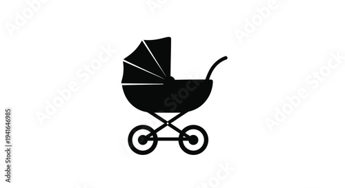 A black silhouette of a classic baby carriage simple design silhouette
