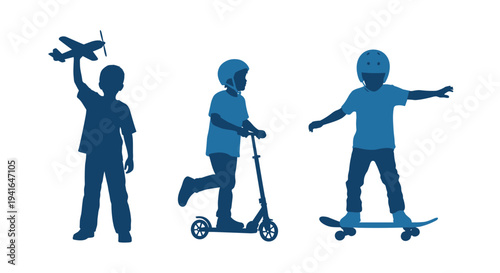 Silhouettes of three active boys playing with a toy airplane, riding a kick scooter, and using a skateboard in a playful blue color.