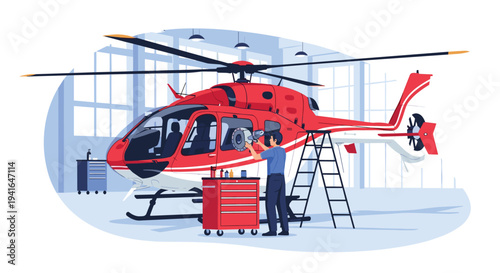 Aircraft mechanic repairing a red and white helicopter in a hangar using tools from a red mobile trolley for regular maintenance.