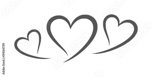 Three stylized dark gray hearts a white love symbol romance