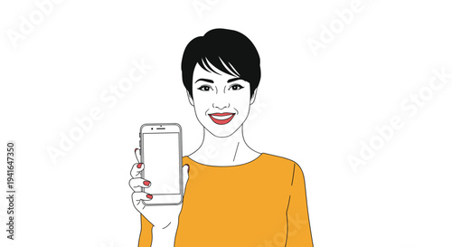Smiling young woman with short black hair holding up a white smartphone with a blank screen for app promotion on a white background.