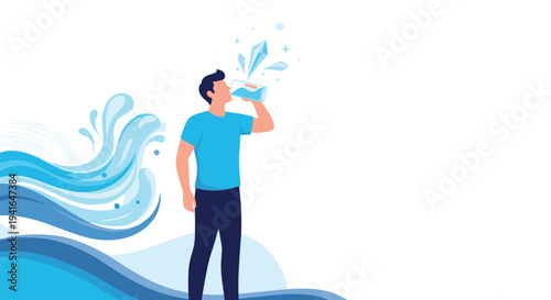 Man drinking cold water from a glass with ice crystals and splashing blue waves in the background representing hydration and health.