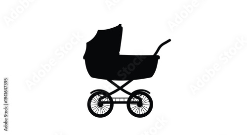 A black silhouette of a classic baby carriage against a white background