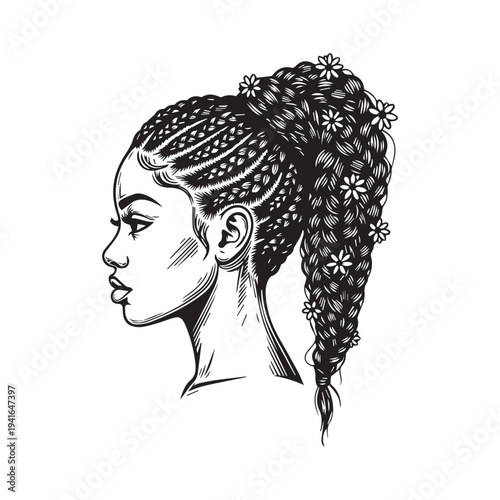 Black and white illustration of a woman with braided hair