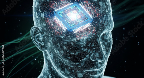 Futuristic Human Head with Digital Brain Interface.