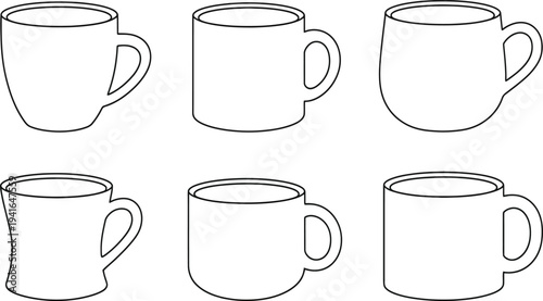 Set of six diverse blank coffee mug outlines and tea cup line art icons isolated on white for kitchenware design templates
