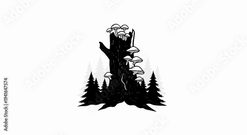 Black and white illustration of a decaying tree stump with mushrooms