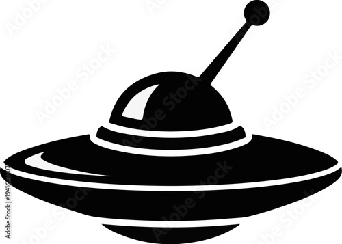 Black silhouette of a classic flying saucer with a central dome and antenna