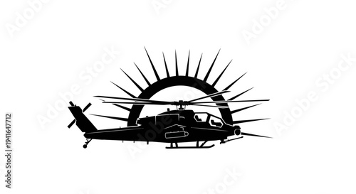 Silhouette of a military attack helicopter flying against a stylized sunburst background.