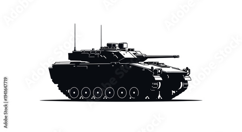Silhouette of a modern armored combat vehicle, military tank, side view, black and white vector illustration.