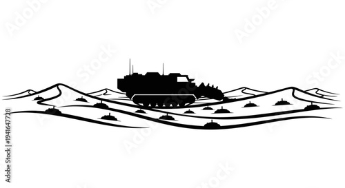 Silhouette of a military tank in a desert landscape with dunes and obstacles