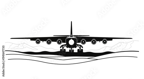 Silhouette of a large cargo airplane on a runway, front view, ready for takeoff or landing.