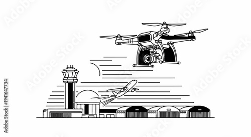 Aerial drone observes airplane takeoff and airport facilities
