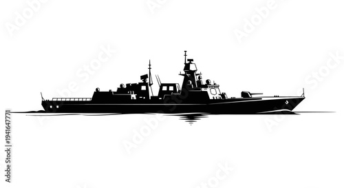 Silhouette of a modern warship on the water, black and white illustration