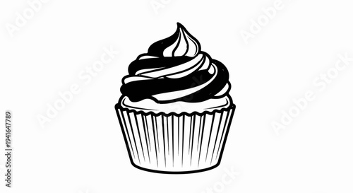 Black and white illustration of a frosted cupcake with striped frosting