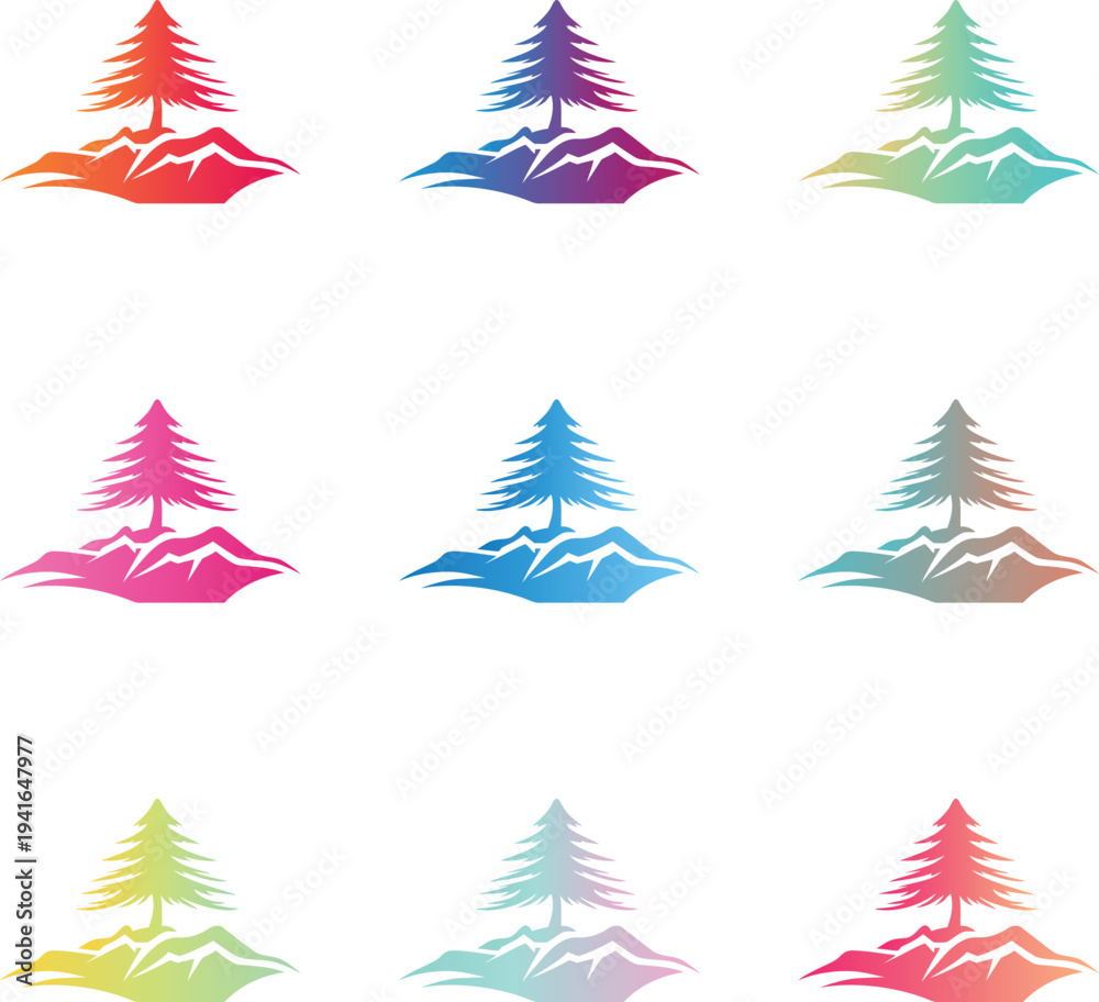 Obraz premium Colorful Pine Tree Mountain Icon Set, Nature Landscape Elements Vector Illustration