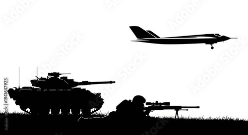 Silhouette of military forces: tank, sniper, and fighter jet against a white background.