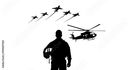 Silhouette of Pilot Facing Formation of Jets and Helicopter in Sky