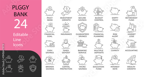 Piggy Bank and Financial Savings line icon set. Contains symbols for investment, retirement, banking, and wealth growth. Editable vector design for fintech and business.