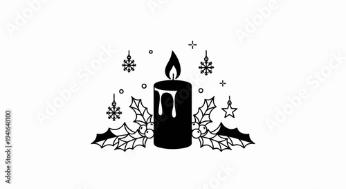 Black and white illustration of a lit candle with holly and Christmas ornaments
