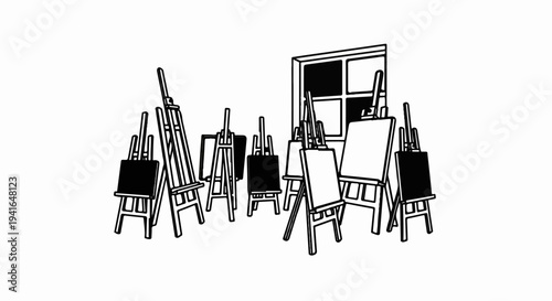An artist's studio filled with easels and blank canvases awaits creation