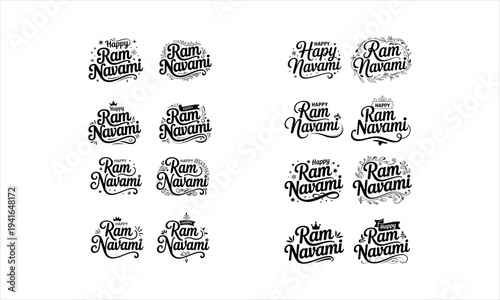 Diverse collection of Ram Navami calligraphy and decorative elements Keywords: Ram Navami, Happy