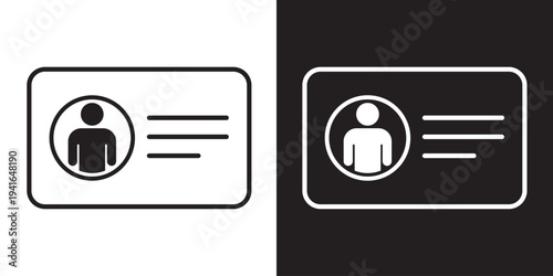 Modern outline ID card icon with profile picture and text lines. Symbolizes personal identification, employee badge, membership card, driver's license, and digital identity verification.