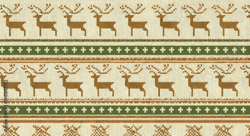 Seamless Christmas pattern featuring rows of brown reindeer and green decorative motifs on a light beige knitted wool fabric texture.