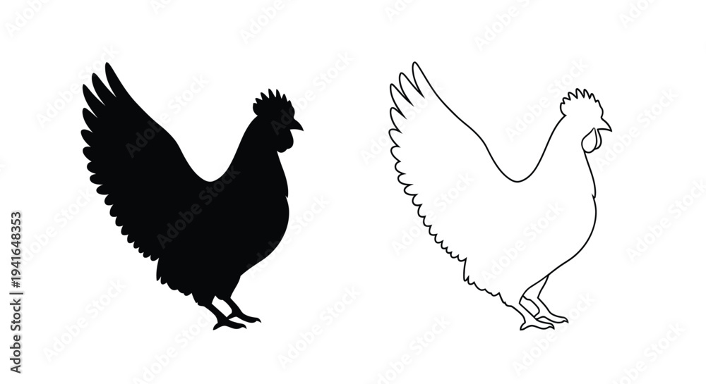 Fototapeta premium Two depictions of a rooster one solid and one outline silhouette