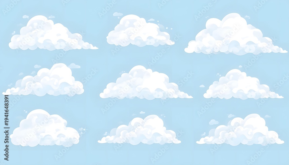 Fototapeta premium Set of white fluffy clouds on blue sky background