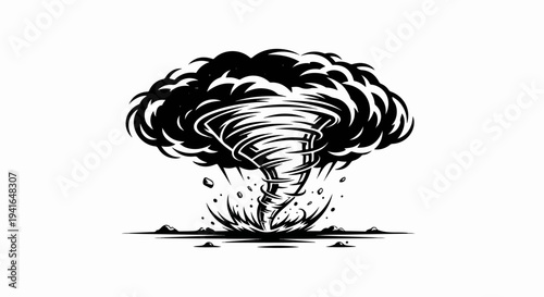 Black and white illustration of a powerful tornado swirling in a cloudy atmosphere