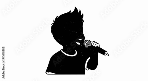 Boy singing into a microphone, with spiky hair and open mouth