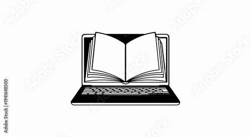 An open book emerges from a laptop screen, blending reading with technology