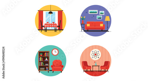Collection of four interior design icons depicting various home spaces such as a dining room, living room, and library.