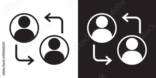 Clean vector icon of two circular user profiles connected by arrows. Ideal for illustrating user synchronization, peer-to-peer sharing, communication, and data exchange between accounts.