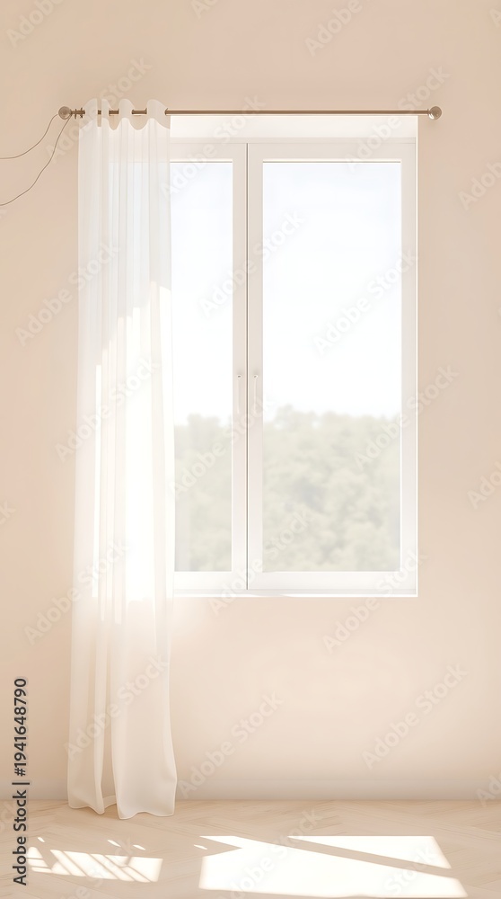 Fototapeta premium Sheer White Curtains Gently Billowing in Morning Sunlight Through Open Window – Minimal Beige Room with Soft Natural Light and Green View
