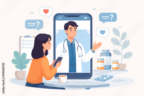 Online Medicine Concept Vector Illustration of a Woman Consulting a Doctor via Smartphone Screen for Telemedicine, Virtual Healthcare Appointment, Medical Advice, and Digital Health Services