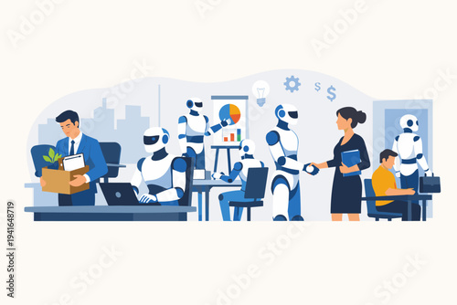 Robots Replacing Human Workers in Modern Office Environment Illustration. Business People Losing Jobs to Artificial Intelligence and Automation. Sad Employee Leaving with Box. Vector Concept.