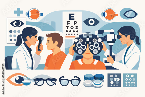 Professional Eye Doctor Examining Patient with Vision Problems Vector Illustration Collage Featuring Ophthalmologist Using Phoropter, Snellen Chart, Glasses, and Contact Lenses for Eye Health.