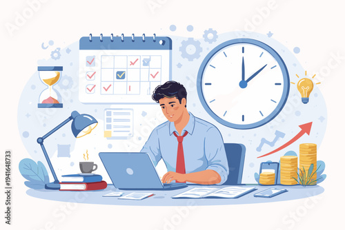 Businessman Working on Laptop with Time Management Icons, Large Clock, Calendar, and Hourglass, Representing Productivity, Planning, Financial Growth, and Efficient Office Work Organization.