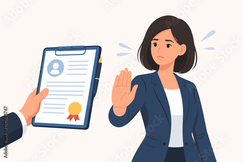Businesswoman in a professional suit making a stop hand gesture to reject a job offer or contract on a clipboard held by an employer. Flat vector illustration of career choice and work refusal.