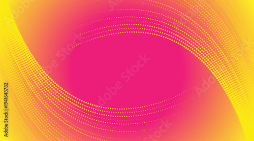 Bright pink and yellow minimal curved dotted lines abstract background. Geometric halftone waves concept vector design
