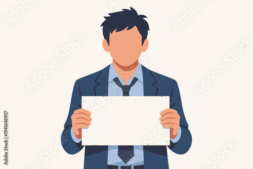 Vector Illustration of an Unemployed Man in a Business Suit with a Messy Tie Holding a Blank White Placard or Sign for Job Search, Recruitment, and Hiring Concept Isolated on a Plain Background.