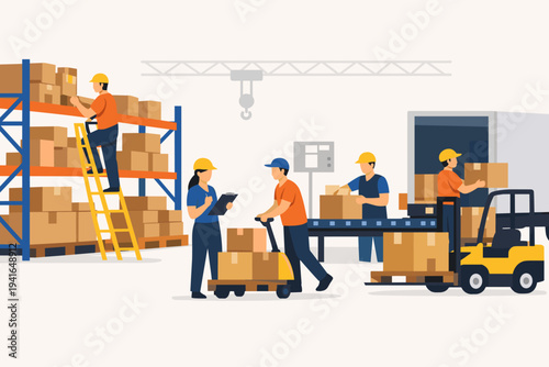 Flat vector illustration of a busy warehouse with workers managing inventory, loading boxes onto a truck with a forklift, using a pallet jack and conveyor belt in a logistics distribution center.