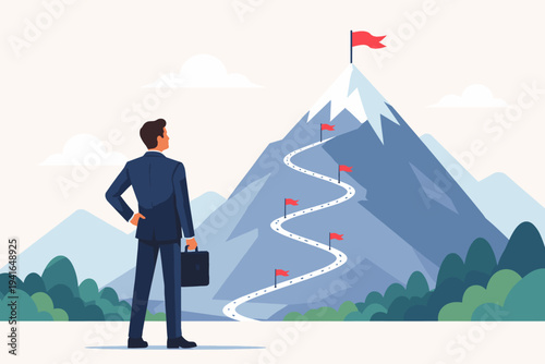Ambitious Businessman in Suit with Briefcase Looking at the Top of a High Mountain with a Red Flag, Winding Path with Milestones and Flags Representing Career Goals, Success, and Achievement.
