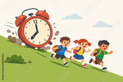 Vector Illustration of School Children Students Running Away from a Giant Red Alarm Clock Rolling Down a Grassy Hill, Concept of Time Pressure, Deadline Stress, and Being Late for School Class.